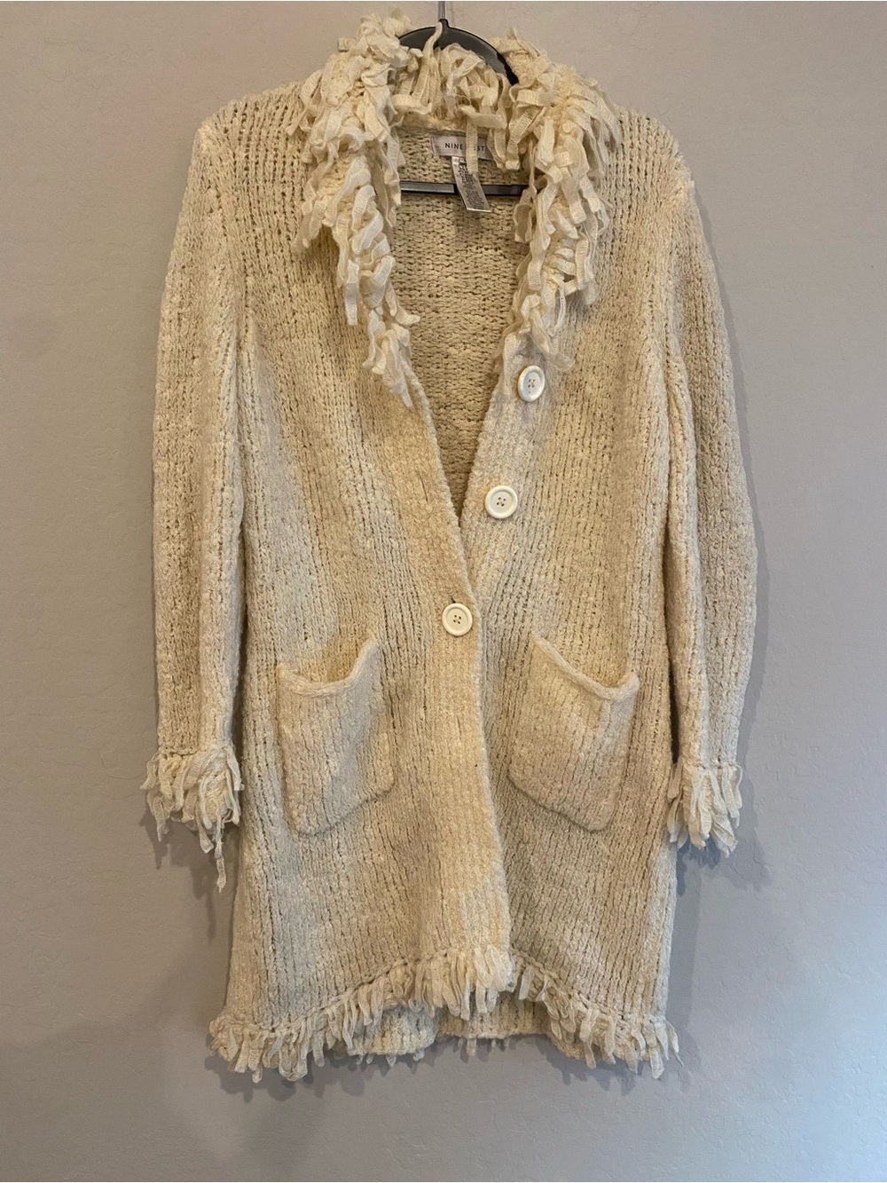 VTG 90s Y2K Nine West Mohair Wool Blend Shaggy Fringe Cardigan Coat Large